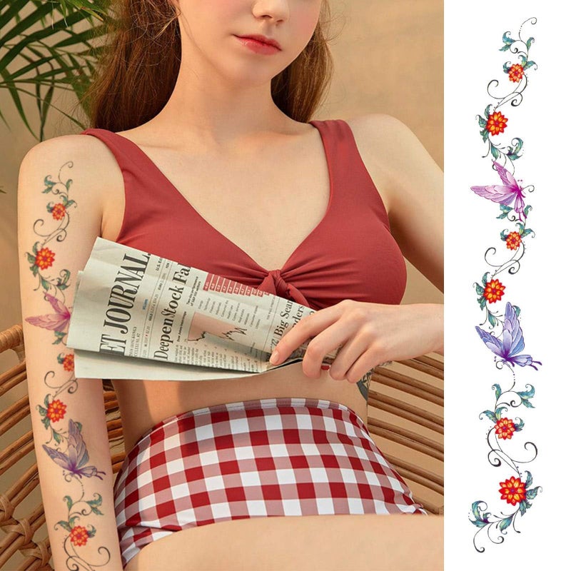 CARGEN Sexy Flower Temporary Tattoos - 10 Sheets Realistic Sexy Flowers Vine Butterfly Long Back Sleeves Tattoos for Women Girls Makeup Fake Tattoo Great for Waist Belly Back Spine Arm Leg Collarbone - Image 3